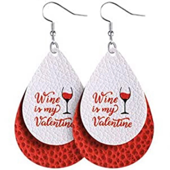 3/$15 Wine Is My Valentine Faux Leather Earrings - Picture 2 of 5